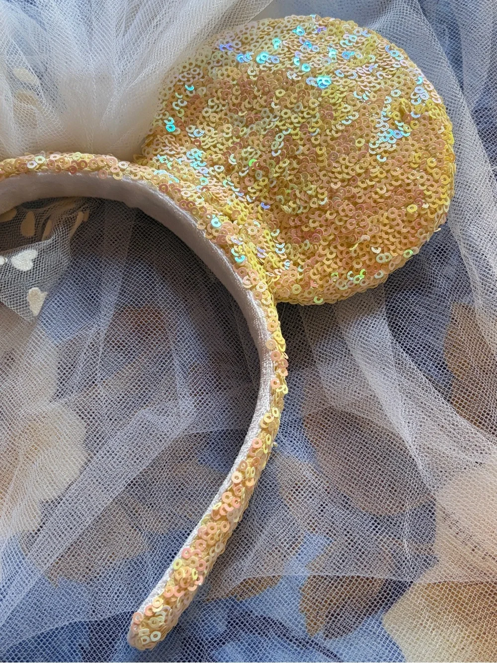 Disney Sequin Minnie Ear Headband with Veil - Pearl Pink and Gold